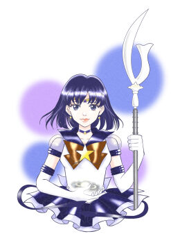 1girl absurdres bishoujo_senshi_sailor_moon black_hair blunt_ends bow brooch choker circlet earrings elbow_gloves gloves highres jewelry magical_girl purple_eyes purple_sailor_collar red_bow sailor_collar sailor_saturn sailor_senshi_uniform short_hair silence_glaive solo star_(symbol) star_brooch star_choker super_sailor_saturn_(stars) tomoe_hotaru wheather white_gloves