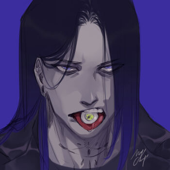 1boy black_hair blue_background blue_hair colored_skin design_speculation earrings eyeball gerard_keay goth_fashion gradient_hair grey_skin jewelry long_hair male_focus mojo-chojoo multicolored_hair neck_tattoo straight_hair tattoo the_magnus_archives tongue tongue_out