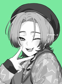 Rule 34 | 18trip, 1boy, artist name, beret, chain, chain necklace, collared shirt, earrings, fangs, fingernails, green background, greyscale with colored background, hand up, hat, highres, jewelry, looking at viewer, loose hair strand, male focus, morimo 18, natsuyaki chihiro, necklace, one eye closed, open mouth, patterned clothing, portrait, shirt, short hair, sleeves past wrists, solo, v, v over mouth, vest
