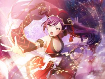 1girl bow breasts cleavage dress game_cg gears liu_mei_fan long_hair looking_at_viewer medium_breasts official_art outstretched_arms purple_hair red_dress red_eyes shoujo_kageki_revue_starlight shoujo_kageki_revue_starlight_-re_live- solo standing tarot the_empress_(tarot) upper_body v-shaped_eyebrows very_long_hair white_bow