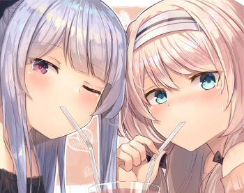 2girls ak-12_(girls&#039;_frontline) alternate_costume an-94_(girls&#039;_frontline) blonde_hair blue_eyes blush bow braid breasts casual drinking drinking_straw girls&#039;_frontline hair_between_eyes hair_bow hairband half-closed_eye half_up_braid long_hair looking_at_viewer motokonut mouth_hold multiple_girls one_eye_closed purple_eyes shared_drink sidelocks silver_hair smile sweatdrop uneven_eyes