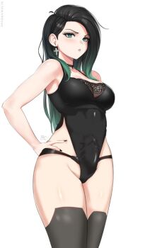 1futa black_hair breasts bulge futanari green_eyes highres medium_breasts nail_polish no_testicles simple_background solo tagme