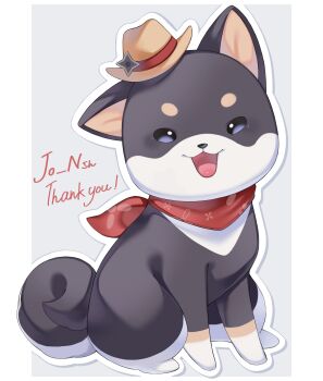 Rule 34 | :3, :d, animal, animal focus, blue eyes, brown hat, commission, commissioner name, dog, full body, grey background, hat, highres, iwasi 29, looking at viewer, no humans, open mouth, original, outline, outside border, pillarboxed, red scarf, scarf, simple background, skeb commission, smile, solo, thank you, white outline