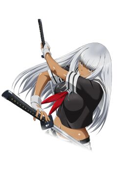 1girl 20s bare_legs breasts curvy dark_skin expressionless fingerless_gloves gloves holding holding_sword holding_weapon ikkitousen katana large_breasts long_hair midriff navel non-web_source official_art school_uniform shin_ikkitousen shiny_skin skirt solo sword transparent_background weapon white_background white_hair wide_hips yamada_asaemon_(ikkitousen)