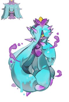 bairizuomeng blue_eyes blue_hair colored_sclera commentary english_commentary fangs full_body gen_7_pokemon highres looking_at_viewer mareanie nintendo no_humans pokemon pokemon_(creature) pokemon_focus reference_inset simple_background solo spikes standing tentacle_hair tentacles white_background yellow_sclera