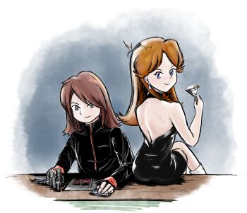 007 1boy 1girl ahoge ass back backless_dress backless_outfit bare_arms bare_shoulders black_dress blue_eyes boots breasts brown_hair casino_card_table cocktail_glass crossed_legs cup dress drinking_glass earrings eyelashes from_behind green_(pokemon) grey_eyes halterneck hand_up highres holding_glass jewelry knee_boots long_hair long_sleeves looking_at_viewer looking_back medium_breasts medium_hair neck nintendo no_bra no_gloves parody parted_bangs pendant pilosophos pokemon pokemon_adventures poker_chip red_hair shoulder_blades sidelocks silver_(pokemon) sitting sitting_on_table sleeveless sleeveless_dress smile swept_bangs table thighs tight_clothes tight_dress white_boots