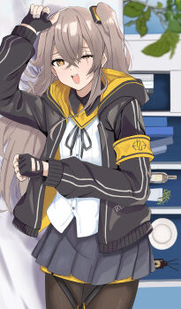 1girl 404_logo_(girls&#039;_frontline) absurdres armband bed bed_sheet black_gloves black_pantyhose black_skirt blush brown_hair fingerless_gloves girls&#039;_frontline gloves highres jacket koenza_botoke long_hair looking_at_viewer lying multiple_girls on_bed on_side one_side_up open_clothes open_jacket open_mouth pantyhose pleated_skirt pov_across_bed scar scar_across_eye scar_on_face skirt solo teeth ump45_(girls&#039;_frontline) upper_teeth_only yellow_armband yellow_eyes