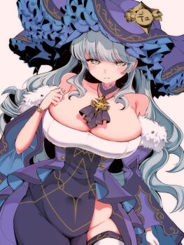 Rule 34 | 1girl, aqua hair, bare shoulders, breasts, closed mouth, covered navel, dress, duel masters, duel masters play's, frilled hat, frills, fur-trimmed sleeves, fur trim, hashtag-only commentary, hat, highres, kurukon965n, large breasts, large hat, long hair, purple dress, shakogairu (duel masters play's), solo, white background, yellow eyes