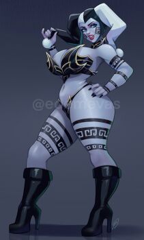 1girl arm_tattoo armor artist_name bikini_armor black_boots black_hat black_nails boots breasts cheek_tattoo colored_skin commentary ed_(edemevas) english_commentary full_moon gradient_background grey_background grey_skin hand_on_own_hip hat high_heel_boots high_heels highres jester_cap large_breasts leg_tattoo looking_to_the_side moon navel original signature solo tattoo two-tone_hat watermark white_hat