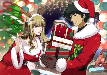 absurdres blonde_hair blue_eyes brown_eyes christmas christmas_tree couple cowboy_bebop curly_hair green_hair hat highres julia_(cowboy_bebop) santa_costume santa_hat spike_spiegel