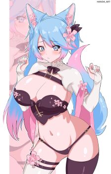 1girl absurdres animal_ears artist_name asymmetrical_legwear black_thighhighs blue_eyes blue_hair blue_nails blush breasts cleavage colored_tips commentary english_commentary flower hair_flower hair_ornament handa_art highres indie_virtual_youtuber long_hair mismatched_legwear multicolored_hair navel pink_flower pink_hair shrug_(clothing) silvervale tail thighhighs virtual_youtuber white_shrug white_thighhighs wolf_ears wolf_girl wolf_tail