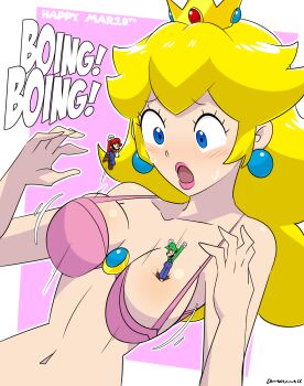 1girl 2boys bikini blonde_hair blue_eyes blue_gemstone blue_overalls blush bouncing_breasts breasts brooch brothers brown_hair brown_shoes closed_eyes collarbone crown dangerking11 denim_overalls earrings facial_hair gem giant giantess gloves green_hat green_shirt hat highres jewelry jumping large_breasts long_hair long_sleeves luigi mario mario_(series) mario_day multiple_boys mustache navel nintendo open_mouth overalls pink_background pink_bikini pink_lips princess princess_peach red_hat red_shirt shirt shoes short_hair siblings smile standing surprised sweat swimsuit twins upper_body white_gloves