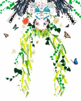 Rule 34 | 1girl, abstract, absurdres, aqua bow, aqua bowtie, blonde hair, blue nails, bow, bowtie, bug, butterfly, commentary, flower, green hair, hair focus, hair ornament, hands on own chest, hatsune miku, headphones, headset, highres, insect, leaf, leaf hair ornament, looking to the side, masking tape (medium), multicolored eyes, multicolored hair, own hands together, parted lips, poncho (ponpontyo 8), portrait, red flower, red rose, ribbon, rose, shirt, shoulder tattoo, sleeveless, sleeveless shirt, solo, star (symbol), straight-on, symbol-only commentary, tattoo, unconventional media, upside-down, vocaloid, white ribbon, zipper, zipper pull tab