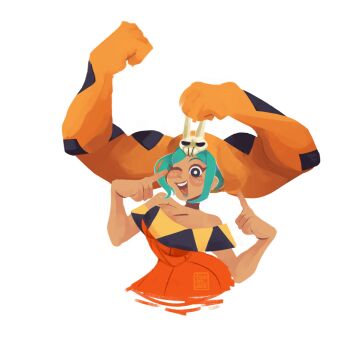 1girl 2024 animated animated_gif artist_name beckoning black_collar black_eyes black_thighhighs black_trim blush_stickers breasts cerebella_(skullgirls) cleavage collar commentary cowboy_shot cropped_legs dark-skinned_female dark_skin detached_collar detached_sleeves dress english_commentary eyeshadow female_focus flexing green_hair green_lips hand_up hands_up happy heart high_ponytail highres index_finger_raised large_breasts legs_apart long_hair makeup mollejitas multicolored_thighhighs one_eye_closed open_mouth orange_dress orange_scrunchie orange_thighhighs parted_bangs ponytail purple_eyeshadow scrunchie simple_background skullgirls solo standing teeth thick_thighs thighhighs thighs two-tone_thighhighs upper_teeth_only vice-versa_(skullgirls) white_background white_sleeves wink