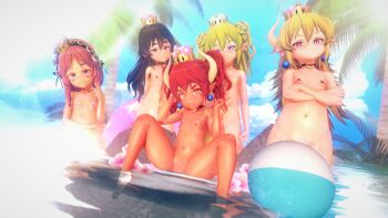 3d 5girls ball beachball blonde_hair blue_eyes blue_sky blush_stickers bowsette character_request chompette closed_mouth coconut_tree collarbone convenient_censoring crossed_arms dark-skinned_female dark_skin day dutch_angle earrings flat_chest highres horns jewelry kirbette loli long_hair looking_at_viewer m_legs mario_(series) multiple_girls nintendo nude outdoors palm_tree pasties pointy_ears sky smile sofo spread_legs super_crown tree yoshette yoshi-hime