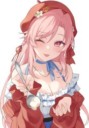 Rule 34 | 1girl, :p, bare shoulders, blush, braid, breasts, cleavage, dress, frilled dress, frills, hat, highres, holding, holding spoon, indie virtual youtuber, jacket, long hair, looking at viewer, mole, mole on breast, mole under eye, nini yuuna, nini yuuna (5th costume), off shoulder, one eye closed, open mouth, red beret, red eyes, red hat, red jacket, simple background, solo, spoon, teti, tongue, tongue out, white background