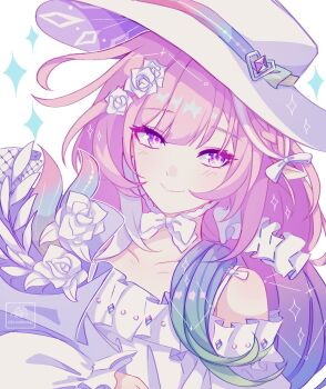 1girl aqua_hair breadmilqq cyrene_(demiurge)_(honkai:_star_rail) cyrene_(demiurge)_(keeping_promise)_(honkai:_star_rail) cyrene_(honkai:_star_rail) diamond-shaped_pupils diamond_(shape) dress flower hair_flower hair_ornament hashtag-only_commentary hat highres honkai:_star_rail honkai_(series) long_hair looking_at_viewer multicolored_hair official_alternate_costume pink_hair purple_eyes simple_background smile solo symbol-shaped_pupils very_long_hair white_background white_dress white_hair white_hat