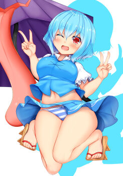 Rule 34 | alternate breast size, blue hair, daichi (tokoya), double v, geta, highres, juliet sleeves, karakasa obake, long sleeves, miniskirt, one eye closed, panties, pantyshot, puffy sleeves, skirt, solo, striped clothes, striped panties, tatara kogasa, thighs, tongue, touhou, umbrella, underwear, v, wide hips