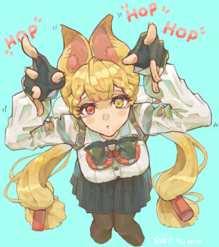 1girl alice_thymefield animal_ear_fluff animal_ears arms_up black_gloves blonde_hair blue_background braid braided_twintails breasts brown_pantyhose chest_bow commentary_request cropped_legs fingerless_gloves gloves green_skirt hair_ornament hearing_aid heterochromia kikiki_1123 large_breasts leaning_forward long_hair looking_at_viewer low_twintails motion_lines open_mouth pantyhose rabbit_ears rabbit_girl red_eyes shirt skirt solo sphere_hair_ornament twintails white_shirt yellow_eyes zenless_zone_zero
