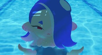 1girl blue_hair collarbone ear_piercing hair_over_one_eye hands_up highres indoor_pool nintendo nude octoling piercing red_eyes shiver_(splatoon) smile sol6ris solo splatoon_(series) splatoon_3 swimming tentacle_hair