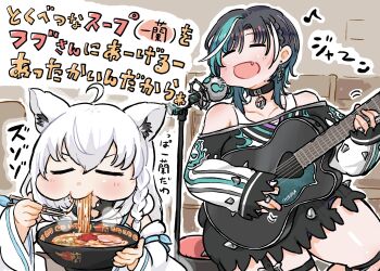 Rule 34 | 2girls, absurdres, ahoge, aqua hair, black choker, black dress, black hair, blush, bowl, choker, chopsticks, closed eyes, closed mouth, detached sleeves, dress, earrings, eating, fang, food, guitar, highres, holding, holding bowl, holding chopsticks, holding guitar, holding instrument, hololive, hololive dev is, instrument, jewelry, kono (konomi9a), looking at viewer, multicolored hair, multiple girls, noodles, open mouth, ramen, rindo chihaya, rindo chihaya (1st costume), shirakami fubuki, shirakami fubuki (1st costume), streaked hair, thigh strap, virtual youtuber, white hair, white sleeves, white streaks