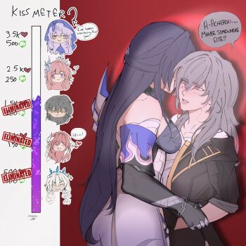 Rule 34 | 2girls, acheron (honkai: star rail), black swan (honkai: star rail), blush, breasts, chain, choker, cyrene (demiurge) (honkai: star rail), cyrene (honkai: star rail), detached sleeves, elysia (herrscher of human: ego) (honkai impact), elysia (honkai impact), english text, flame print, grey hair, hair ornament, hashtag-only commentary, highres, honkai: star rail, honkai (series), honkai impact 3rd, imminent kiss, jacket, kiana kaslana, kiana kaslana (ba-dum! fiery wishing star), kiana kaslana (wintery wishes), kiss meter (meme), long hair, meme, mikiyuuz, multiple girls, purple hair, shirt, single detached sleeve, stelle (honkai: star rail), trailblazer (honkai: star rail), very long hair, yellow eyes