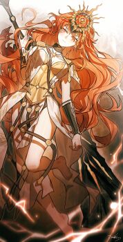 1girl absurdres ancient_greek_clothes arm_armor armor augusta_(wuthering_waves) barefoot black_collar breastplate breasts closed_mouth collar dress earrings greatsword greco-roman_clothes hand_to_weapon headgear highres jewelry long_hair looking_at_viewer medium_breasts missing_commentary orange_eyes orange_hair signature solo sun_earrings sun_necklace sword weapon white_dress wuthering_waves yisjhui