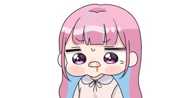 1girl bandaid bandaid_on_face bandaid_on_nose black_ribbon blood blue_hair blush blush_stickers brown_shirt chibi collared_shirt highres hololive long_hair minato_aqua mochimiko multicolored_hair neck_ribbon nose_blush nosebleed pink_hair purple_eyes ribbon shirt simple_background solo streaked_hair tears two-tone_hair upper_body very_long_hair virtual_youtuber white_background yurie_mouth