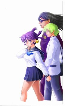 Rule 34 | 1girl, 2boys, bag, bell, black hair, black pants, blue neckerchief, blue sailor collar, blue skirt, blush, braid, breasts, closed mouth, commentary request, glasses, green hair, hair bell, hair ornament, half up braid, hand up, highres, holding, holding bag, jacket, large breasts, long hair, long sleeves, ma renka, matsuena shun, miniskirt, multiple boys, neckerchief, official alternate costume, official art, pants, pleated skirt, purple eyes, purple hair, purple jacket, sailor collar, school uniform, serafuku, shijou saikyou no deshi ken'ichi, shirt, short hair, sidelocks, simple background, skirt, smile, standing, sunglasses, tented shirt, v-shaped eyebrows, white background, white jacket, white shirt