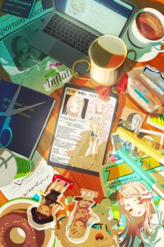 1girl acrylic_stand_(object) blonde_hair blue_shorts book brown_robe camisole chibigurumi coffee coffee_mug commentary_request computer contrast_(idolmaster) cup denim denim_shorts donut flipped_hair food gakuen_idolmaster glowstick hair_ornament hairclip highres idolmaster koukei_(idolmaster) laptop long_hair long_sleeves magazine_(object) mug multiple_views necktie off_shoulder open_clothes open_robe orange_eyes orange_ribbon paper parallel_hairclips penlight_(glowstick) polaroid_photo ribbon robe sakura_photograph_(idolmaster) saucer scissors shinosawa_hiro shoes shorts sunfaded_(idolmaster) table translation_request utsusemi_1024 white_camisole white_shoes wide_sleeves