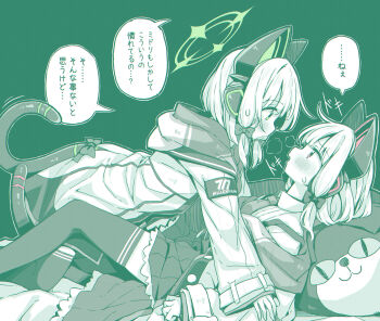 2girls animal_ear_headphones animal_ears black_thighhighs blue_archive blush bow cat_ear_headphones cat_ears cat_tail face-to-face fake_animal_ears fake_tail frilled_skirt frills from_side green_background green_eyes green_halo green_theme hair_bow halo headphones highres jacket low-tied_sidelocks lying_on_person midori_(blue_archive) momoi_(blue_archive) multiple_girls necktie open_clothes open_jacket open_mouth pink_eyes pleated_skirt ribbon shirt short_hair siblings sidelocks sisters skirt sweatdrop tail tail_ornament tail_ribbon takahero thighhighs twins white_jacket white_shirt yuri