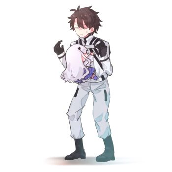 1boy 1girl black_boots black_gloves boots brown_hair clinging closed_eyes commentary_request fate/grand_order fate_(series) fujimaru_ritsuka_(male) fujimaru_ritsuka_(male)_(decisive_battle_chaldea_uniform) full_body gloves grey_hair grey_pants hair_between_eyes hands_up highres long_hair long_sleeves melusine_(fate) melusine_(second_ascension)_(fate) pants shigure_(ffrh7824) simple_background sweatdrop white_background