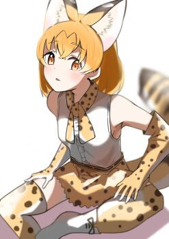 Rule 34 | 1girl, absurdres, animal ears, belt, blonde hair, boots, bow, bowtie, cat ears, cat girl, cat tail, commentary request, elbow gloves, extra ears, gloves, highres, kemono friends, llb, looking at viewer, on floor, serval (kemono friends), shirt, short hair, simple background, skirt, sleeveless, sleeveless shirt, solo, tail, thighhighs, yellow eyes