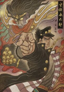 2boys black_coat black_hair black_hat blue_eyes chien_chih_kang clenched_hand coat colored_skin cowboy_shot glowing glowing_eyes grey_shirt hat jojo_no_kimyou_na_bouken jojo_pose kujo_jotaro&#039;s_pose kuujou_joutarou male_focus multiple_boys purple_skin shirt star_platinum stardust_crusaders yellow_eyes