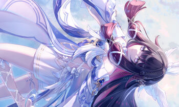 1girl bare_shoulders black_hair closed_mouth colored_inner_hair columbina_(genshin_impact) commentary_request dress feathered_wings fylus genshin_impact gold_trim gradient_hair hair_ribbon head_wings highres long_hair long_sidelocks looking_at_viewer multicolored_hair multiple_wings pink_eyes pink_hair ribbon sidelocks smile solo very_long_hair white_dress white_ribbon white_wings wings