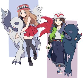 2girls absol belt black_shoes blue_shoes brown_belt brown_eyes brown_hair closed_mouth commentary_request dusk_ball eyelashes eyewear_on_headwear gen_3_pokemon green_jacket grey_eyes harmony_(pokemon) hat highres holding holding_poke_ball jacket kuru_(4rfw7) mega_absol mega_absol_z mega_pokemon multiple_girls nintendo open_clothes open_jacket pants pink_hat pleated_skirt poke_ball pokemon pokemon_(creature) pokemon_legends:_z-a pokemon_x_and_y red_skirt ribbed_socks serena_(pokemon) shirt shoes skirt sleeveless sleeveless_shirt smile socks sunglasses thighhighs
