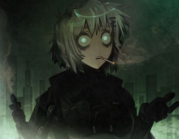 Rule 34 | 1girl, bags under eyes, black bodysuit, black coat, blue eyes, bodysuit, bodysuit under clothes, cigarette, cityscape, coat, cyberpunk, gun, hair ornament, hairclip, highres, holding, holding gun, holding weapon, lens eye, looking at viewer, looperioo, marie (peripeteia), open clothes, open coat, peripeteia, short hair, smoke, smoke trail, smoking, solo, trench coat, weapon, white hair