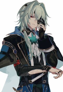 1boy anaxa_(honkai:_star_rail) aqua_hair ascot black_gloves black_jacket chain commentary earrings eyepatch gem gloves hair_between_eyes hair_intakes half-closed_eyes hand_tattoo hand_up highres honkai:_star_rail honkai_(series) jacket jewelry lapels looking_at_viewer male_focus mandarin_collar medium_hair notched_lapels one_eye_covered partially_fingerless_gloves red_eyes red_gemstone red_tattoo shadow shirt side_ponytail simple_background single_earring smirk solo tattoo teeth upper_body white_ascot white_background white_shirt zv0301