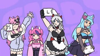 1boy 4girls animal_ear_fluff animal_ears animated animated_gif arms_up blue_hair bouncing_breasts bow breasts bridal_gauntlets cat_ear_thighhighs detached_sleeves flower flower_on_head holding holding_sign horns ironmouse jocat large_breasts long_hair lowres maid medium_breasts midriff multiple_girls nyatasha_nyanners pink_hair sign silvervale small_breasts tail tail_wagging thighhighs vei_(vtuber) virtual_youtuber vshojo