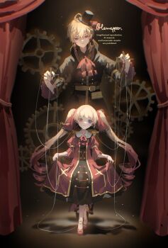 1boy 1girl ascot black_coat black_dress blonde_hair blue_eyes brown_hair closed_mouth coat commission curtains doll_joints dress drill_hair feet_out_of_frame gears heterochromia highres joints juliet_sleeves long_hair long_sleeves looking_at_viewer memeppo original puffy_sleeves puppet puppet_strings red_ascot red_dress red_eyes red_hair ribbon skirt_hold smile string twintails very_long_hair