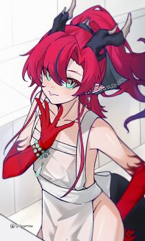 Rule 34 | 1boy, :p, absurdres, apron, arknights, bare shoulders, bead bracelet, beads, bishounen, black horns, black ribbon, black streaks, black tail, blurry, bracelet, chinese commentary, collarbone, colored extremities, commentary request, cowboy shot, curtained hair, dot nose, dragon horns, dragon tail, earrings, eastern dragon horns, eastern dragon tail, gradient eyes, green eyes, grey horns, hair ribbon, hand up, high ponytail, highres, horns, indoors, jewelry, kitchen, long hair, looking at viewer, male focus, meandros, meandros trim, multicolored eyes, multicolored hair, multicolored horns, naked apron, ponytail, red hair, red hands, ribbon, shiny skin, silparrow, single hair streak, slit pupils, solo, spread fingers, standing, streaked hair, tail, tassel, tongue, tongue out, two-tone horns, wet, wet clothes, white apron, yu (arknights)