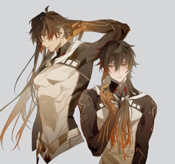 1boy ahoge arm_up brown_hair caressing_hair colored_skin commentary eyeliner genshin_impact gradient_hair grey_background hair_between_eyes highres kiwo20000 long_hair male_focus multicolored_hair orange_eyes orange_hair red_eyeliner rex_lapis_(genshin_impact) robe simple_background zhongli_(archon)_(genshin_impact) zhongli_(genshin_impact)