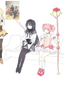 3girls akemi_homura akemi_homura_(magical_girl) black_gloves black_hair black_pantyhose blonde_hair blue_headband bow bow_(weapon) brown_corset choker collarbone corset crossed_arms dress father_shot_by_son_(meme) fingerless_gloves frilled_dress frills gem gloves hair_bow headband highres holding holding_bow_(weapon) holding_weapon kaname_madoka kaname_madoka_(magical_girl) komeng_64 long_hair long_sleeves magical_girl mahou_shoujo_madoka_magica mahou_shoujo_madoka_magica_(anime) major_injury_underreaction medium_hair meme multiple_girls neck_ribbon pantyhose pink_choker pink_dress pink_eyes pink_gem pink_hair puffy_short_sleeves puffy_sleeves purple_eyes purple_gem purple_ribbon red_bow ribbon shirt short_sleeves short_twintails sitting skirt socks soul_gem sweatdrop thighhighs tomoe_mami tomoe_mami_(magical_girl) twintails weapon white_dress white_gloves white_shirt white_socks yellow_eyes yellow_skirt