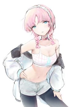 1girl absurdres ald_(arudoo) arknights bare_shoulders blue_eyes blue_poison_(arknights) blue_poison_(shoal_beat)_(arknights) blue_shorts braid breasts choker commentary hairband highres jacket jacket_partially_removed leggings leggings_under_shorts looking_at_viewer navel official_alternate_costume open_clothes open_jacket pink_choker pink_hair pink_sports_bra shorts small_breasts solo sports_bra standing stomach twin_braids white_jacket white_sports_bra