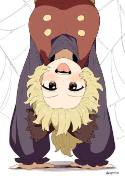 1girl blonde_hair blush bow breasts brown_bow brown_dress brown_eyes closed_mouth commentary_request dress hair_bow handstand highres kapuri_(capuriwa) kurodani_yamame long_sleeves looking_at_viewer medium_breasts open_mouth silk smile solo spider_web tongue tongue_out touhou twitter_username upside-down
