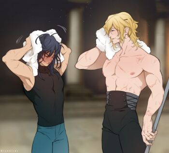 2boys abs arms_up bare_shoulders black_hair black_pants black_shirt blonde_hair blush closed_eyes collarbone covered_pectorals denim dimitri_alexandre_blaiddyd dimitri_alexandre_blaiddyd_(timeskip) eyepatch felix_hugo_fraldarius felix_hugo_fraldarius_(timeskip) fire_emblem fire_emblem:_three_houses full-face_blush hair_behind_ear hair_down holding holding_towel holding_weapon jeans male_focus medium_hair motion_lines multiple_boys nintendo nipples pants pectorals pillar rubbing_head ruebird scar scar_on_arm scar_on_chest scar_on_shoulder scars_all_over shirt skin_tight sleeveless sleeveless_shirt smile standing too_many towel twitter_username weapon