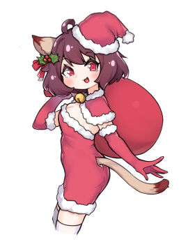 1girl :3 ahoge alternate_costume animal_ears ass bell blush breasts brown_hair cat_ears cat_girl cat_tail cleavage clothing_cutout commentary_request cowboy_shot cropped_legs dress elbow_gloves fang flat_ass fur-trimmed_dress fur-trimmed_gloves fur-trimmed_headwear fur_trim gloves hair_ornament hair_ribbon hat hch_cheol highres holding holding_sack holly_hair_ornament ichihime jingle_bell korean_commentary looking_at_viewer mahjong_soul medium_breasts open_mouth red_dress red_eyes red_gloves red_ribbon ribbon sack santa_costume santa_hat short_hair simple_background smile solo strapless strapless_dress tail tail_through_clothes thighhighs white_thighhighs