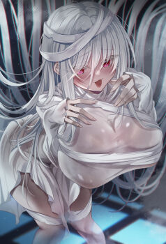 1girl akatsuki_(aktk511) bandages bent_over blush breasts dress ghost highres large_breasts long_hair long_sleeves looking_at_viewer open_mouth original red_eyes see-through_clothes smile solo white_dress white_hair