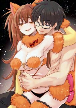 1boy 1girl absurdres animal_ear_fluff animal_ears black_eyes black_hair black_panties black_pants blush breasts brown_hair cleavage commentary_request cosplay dr._arach fake_animal_ears fang from_behind full_body fur-trimmed_gloves fur-trimmed_legwear fur-trimmed_thighhighs fur_bikini fur_collar fur_trim glasses gloves highres hug huge_breasts lace lace-trimmed_thighhighs lace_trim large_breasts looking_at_another mash_kyrielight mash_kyrielight_(dangerous_beast) mash_kyrielight_(dangerous_beast)_(cosplay) no_shirt panties pants revealing_clothes shimotsukishin short_hair sitting sitting_on_lap sitting_on_person skin_fang smile thighhighs tohno_shiki toned toned_male tsukihime tsukihime_(remake) twintails underwear wolf_ears yellow_eyes