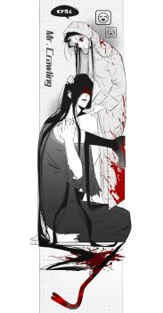 Rule 34 | 1boy, 1girl, absurdres, adashino adami, black hair, black kimono, blood, blood on clothes, blood on face, blood on ground, character request, crowbar, full body, grey background, hand on another's head, highres, homicipher, homicipher text, hood, hood up, japanese clothes, kimono, long hair, mr. crawling, raincoat, red eyes, torn clothes, very long hair, yu lan